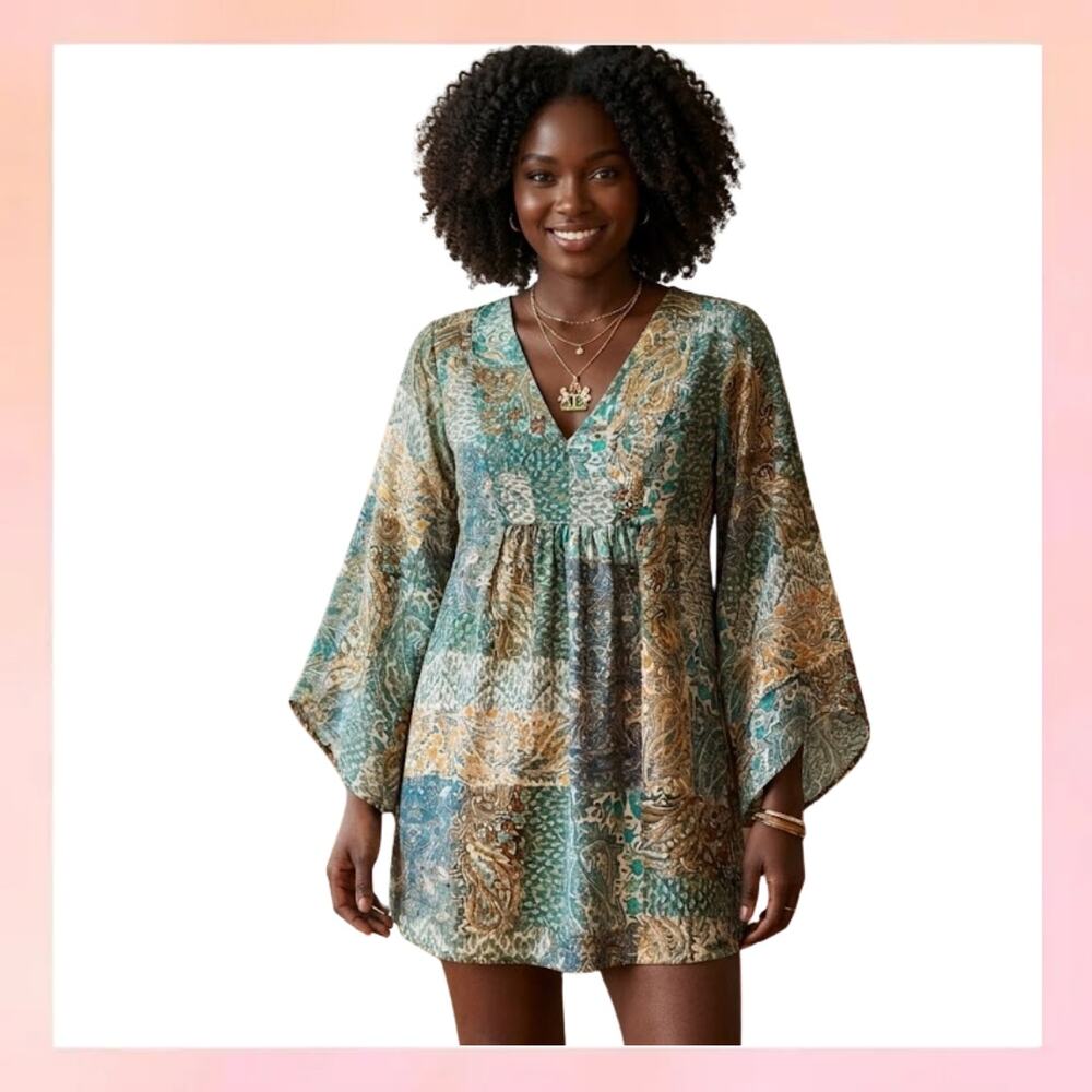 Anthropologie Floreat Petite Paisley Patchwork Boho Bell Sleeve Blouse 8P